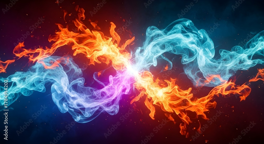 Fototapeta premium Energetic confrontation between fire and ice, with swirling orange magma-like flames and cool blue smoke creating a powerful burst of light