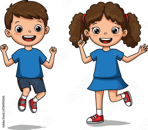 Cartoon children jumping, happy kids in motion, joyful playtime illustration, smiling boy and girl, vector design, child friendly activity scene