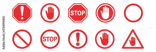 Red Stop Sign Icon Set – Do Not Enter, Warning and Danger Symbols, Flat Vector Illustration for Safety, Traffic and Alert Design