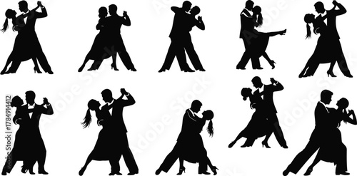 Couple dancing silhouette collection, elegant ballroom tango waltz poses, romantic dance motion design for posters, decor, and art, cad drawing flat vector illustration