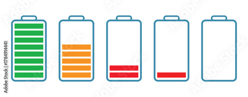 Set of vertical battery charge level indicators in percentage vector. Battery indicator symbols. 0-100 percent. battery charge level. battery Charging icon