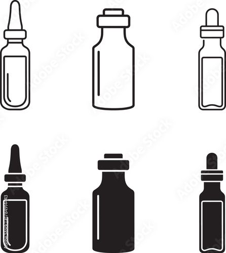 Collection of medical and cosmetic glass vials and bottles with droppers and caps