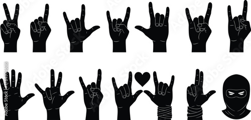 Hand gesture silhouette collection, different hand signs, peace and love symbols, rock and ninja pose concept, communication and culture, cad drawing flat vector illustration