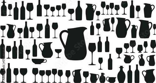 Wine bottle and glass silhouette collection, pitcher and cup design, bar and restaurant concept, kitchen decoration, cad drawing flat vector illustration