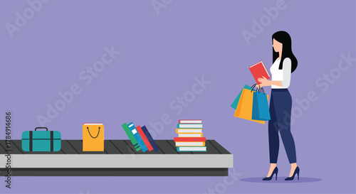 Woman happily collects books and shopping bags from conveyor belt after successful retail therapy session