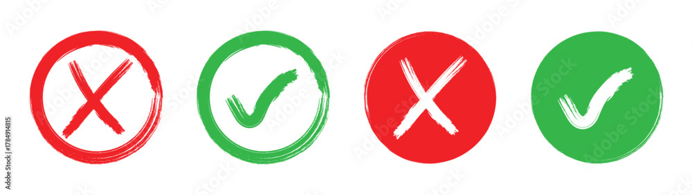 Fototapeta premium Check marks doodle set. Check marks doodle set Vote, yes, no, checklist, tick and cross signs, v and x in sketch style. Hand drawn vector illustration. 