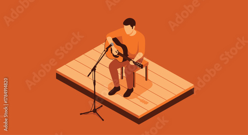 Passionate musician captivates audience, strumming guitar on stage with microphone, creating unforgettable performance moments