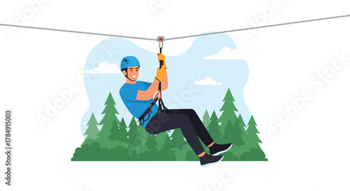 Smiling man enjoys thrilling zipline adventure soaring through lush green forest canopy on a bright sunny day