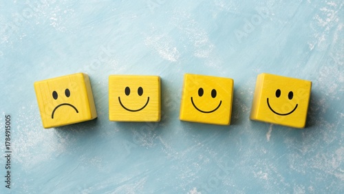 Yellow wooden blocks with happy faces arranged in a row