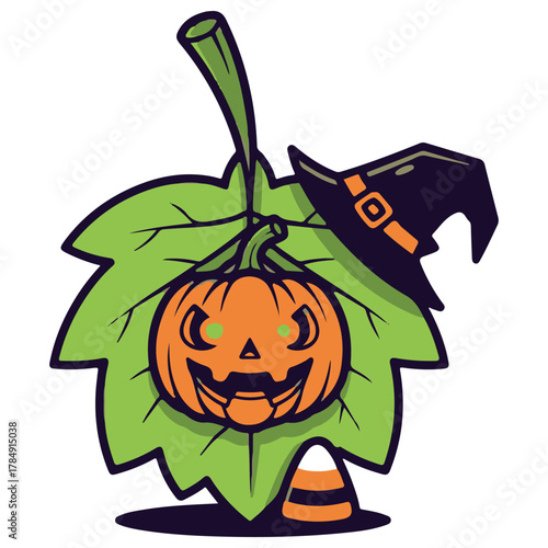 Stylized Halloween Hop Leaf Design with Pumpkin, Witch Hat, and Candy Corn