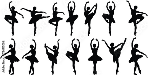 Ballet dancer silhouettes collection, graceful ballerina vector illustration, elegant dance pose design set, classical performance movement icons, artistic body motion shapes, 