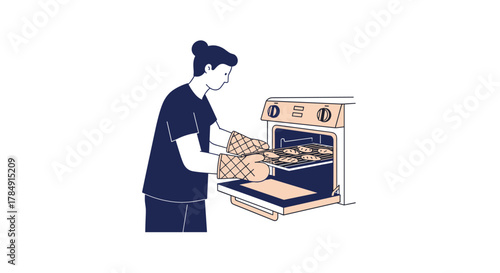 Person wearing oven mitts carefully removes freshly baked cookies from a modern oven, creating delicious homemade treats