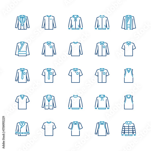 Menswear icon set. Men's clothing. Vector icons. Two colors icons