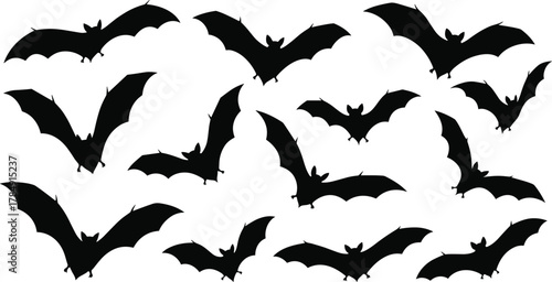 Flying bat silhouettes collection, Halloween bat vector illustration, spooky night animal design set, dark wildlife creature shapes, horror theme decoration icons, cad drawing flat vector illustration