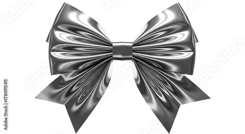 A shiny silver bow with a knot in the center against a black background for festive decorations