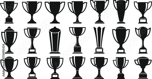 Trophy cup silhouettes collection, award prize vector illustration, championship symbol set, victory achievement design icons, sports success recognition shapes, cad drawing flat vector illustration