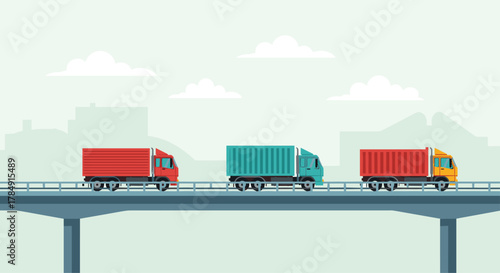 Vibrant trucks deliver goods across a modern city bridge, symbolizing logistics and urban transportation solutions