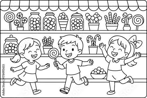 hand drawn vector doodle illustration of Candy Shop coloring page for kids line art