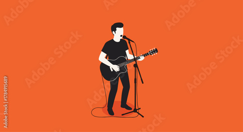 Passionate musician captivates audience playing guitar and singing live on stage with vibrant orange background