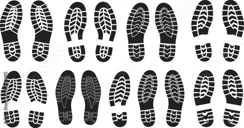 Shoe footprint silhouettes collection, shoe sole pattern vector illustration, footwear print design icons, walking trail marks set, outdoor boot texture shapes, cad drawing flat vector illustration