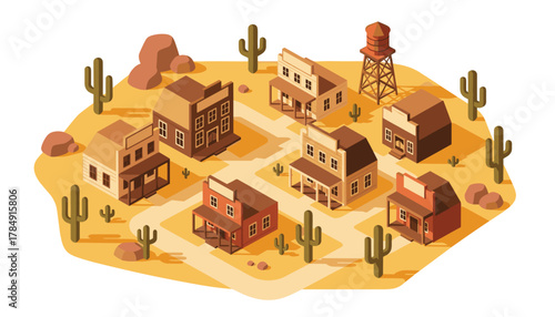 The Wild West with this charming isometric illustration of a classic frontier town, perfect for historical projects and storytelling