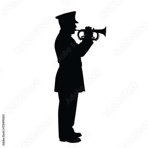 Silhouette of a military bugler playing a trumpet in uniform against a white background