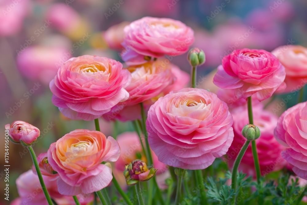 Fototapeta premium Vibrant Ranunculus Flowers Bloom in a Garden at Sunset With Soft Pink and Purple Hues