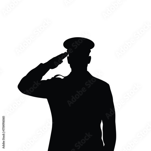 Silhouette of a military officer in uniform saluting against a white background
