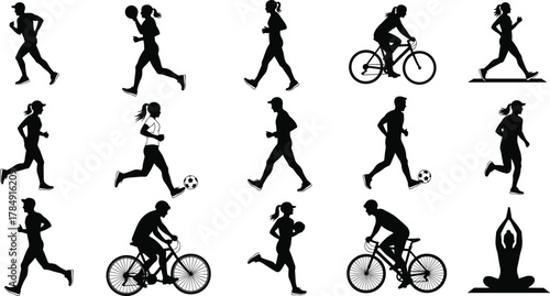 Running cycling yoga silhouettes, active people exercising vector illustration, fitness lifestyle design collection, sports training concept art, healthy living symbols, 