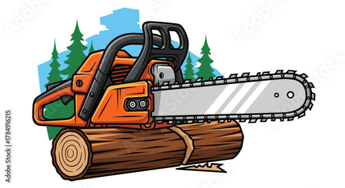Powerful orange chainsaw rests on a thick log, ready for action amidst a forest backdrop with pine trees and blue sky