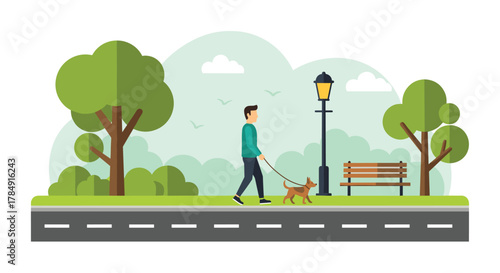 Man joyfully walks his dog on a sunny day in a vibrant park with trees and a bench, enjoying a peaceful outdoor moment