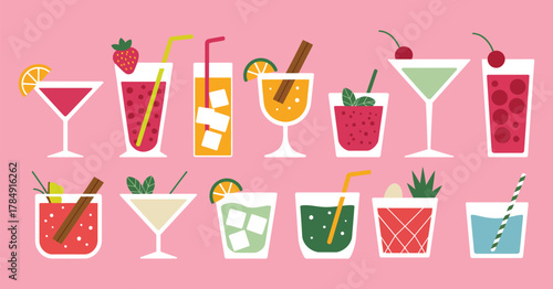 Cocktail Glass Set – Cartoon Alcoholic Drinks in Different Shapes, Classic Summer Aperitif, Groovy Hand-Drawn Hippie Style Vector Illustration