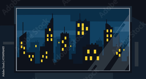 Captivating cityscape view at night through a window, featuring glowing yellow lights in silhouetted skyscrapers, evoking urban mystery and modern ambition