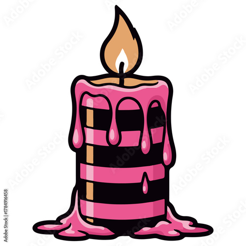 Pop Art Pink Striped Candle with Melting Wax and Burning Flame