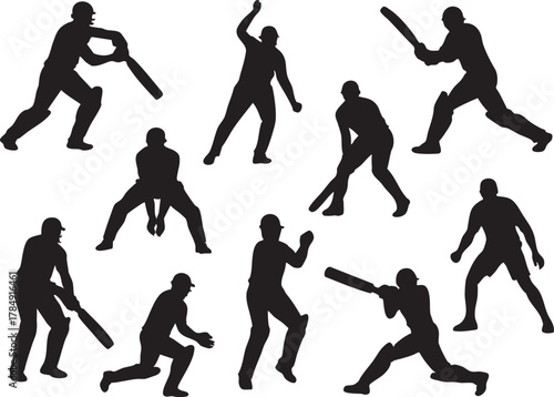 Cricket Player Silhouette Vector Set – Batsman, Bowler, and Fielder Action Poses