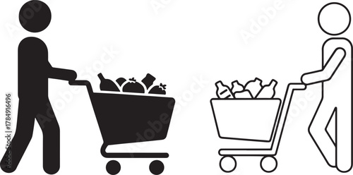 Two stick figures pushing shopping carts filled with groceries in outline and solid silhouette styles