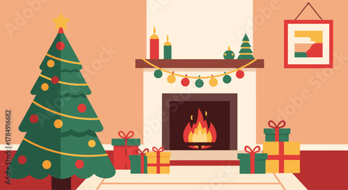 Cozy Christmas scene with decorated tree, roaring fireplace, and festive gifts creating warm holiday cheer