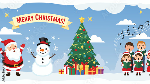 Santa Claus and Snowman with Christmas Tree Holiday Banner
