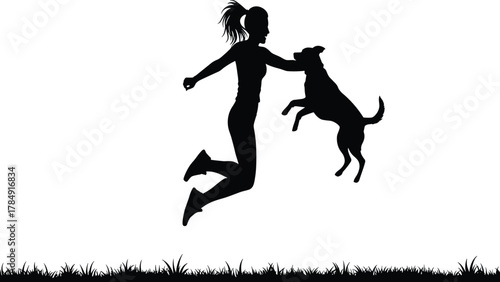 Silhouette of woman jumping with her dog outdoors, joyful pet bonding, happiness, friendship, freedom, energy, nature, exercise, active lifestyle