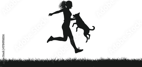 Silhouette of woman running with dog outdoors, playful pet activity, friendship, freedom, happiness, love, motion, nature, exercise, lifestyle