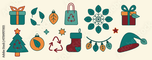 A festive vector flat art set featuring eco-friendly Christmas icons including gifts, leaves, stockings, ornaments, snowflakes, a tree, a recycling symbol, and holiday lights with a sustainable theme.
