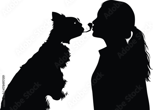 Silhouette of woman kissing cat, love and affection between pet and owner, friendship, trust, and care concept illustration