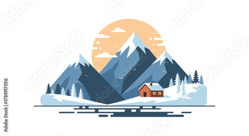 Cozy wooden cabin nestled in a snowy mountain landscape with a warm sun setting behind dramatic peaks