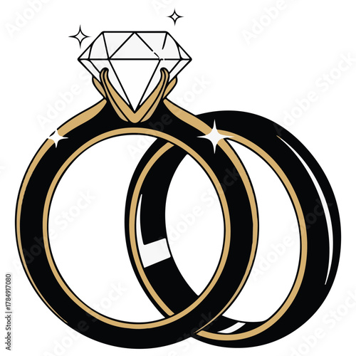 Elegant Black Gold Rings with Sparkling Diamond Outline Illustration