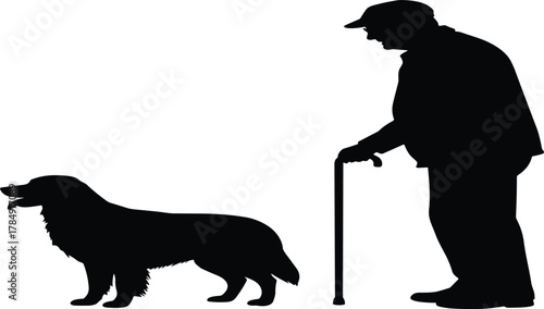 Silhouette of elderly man with walking stick and loyal dog, symbol of companionship, friendship, care, and peaceful lifestyle