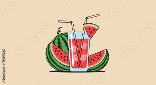 Refreshing watermelon juice with ice and straws served with fresh fruit slices, perfect for summer refreshment and healthy lifestyle promotions