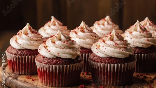 Delicious Red Velvet Cupcakes with Cream Cheese Frosting and Sprinkles.