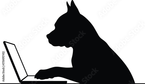 Silhouette of dog using laptop computer, funny pet working online, technology concept, digital humor, smart animal creative design