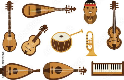 Collection of Diverse Musical Instruments: Guitars Lutes Drum Trumpet and Keyboard.