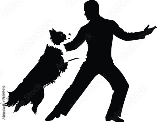 Silhouette of man training playful dog, active pet obedience, human animal bond, outdoor exercise, friendship, lifestyle concept design